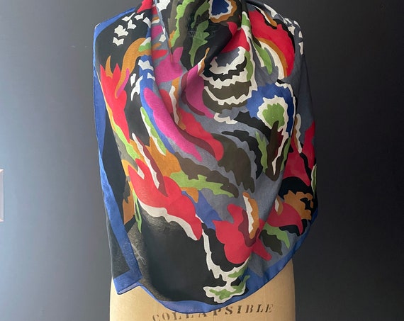 Vintage Colorful Scarf by Lou Lou Cacharel 23" Square Scarf Abstract Print Semi Sheer Bold Blues Reds Black Ochre Greens 80s Perfume Brand
