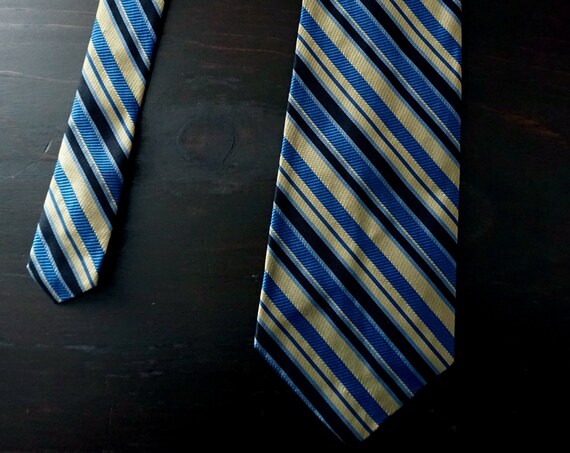 Vintage Necktie Blue Gold Black Olive Green Tie Diagonal Stripe Sheen Textured Fabric Neck Tie Wide Tie Tres Jolis Cravats