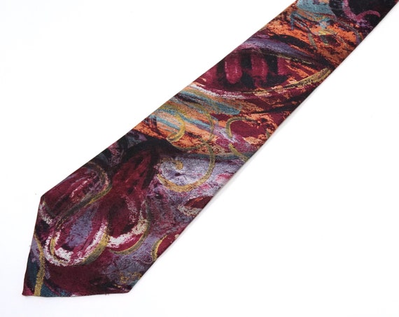 Vintage Tie Purple Abstract 80s Necktie Halston Painted Look Polyester Raspberry Peach Aqua Gold Contemporary Menswear
