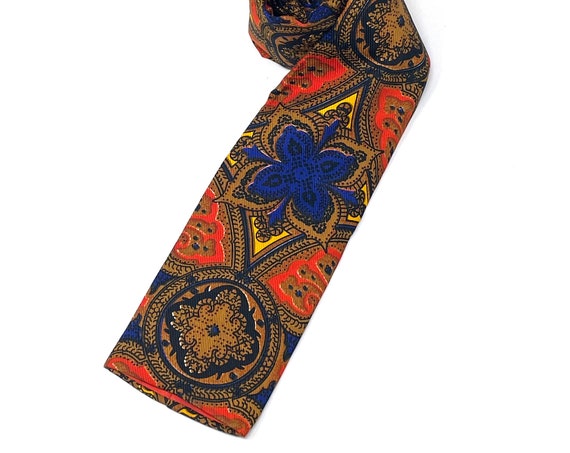 Vintage Square Tie Silk The Rooster Medallion Print Necktie Orange Blue Golden Yellow Straight Bottom Tie Silk Bold Print Mod Menswear