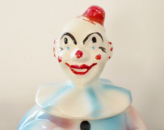 Vintage Clown Cookie Jar 50s Circus Clown Red Hat Pink Blue American Bisque Ceramics ABC Pottery Kitsch Mid Century Kitchen Creepy Clown Jar