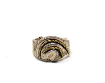 Vintage 925 Silver Ring Two Tone Chunky Band Ring Twisted Gold Washed Silver Rope Design Organic Shape Mexican Sterling Ring Size 9 Adjuster