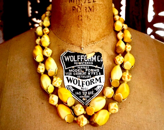 Vintage Necklace Yellow Beads Double Strand Flower Bud Metal Leaves Ombre Yellow White 60s Costume Jewelry Choker Necklace Gold Toned Clasp