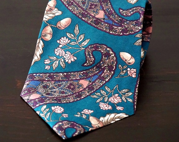Vintage Silk Tie Teal Paisley Woodland Print Necktie Burgundy Blue Zylos George Machado Neck Tie Acorn Print Blue Green Purple Boteh Autumn