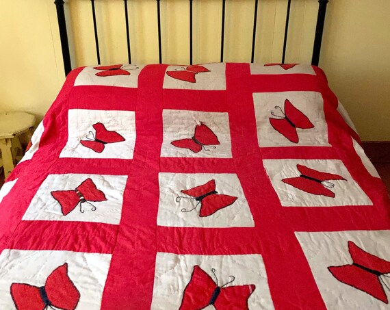 Vintage Quilt Red Butterfly White Squares Hand Stitched Scrap Quilted Coverlet Twin / Full Bed Linens Black Stitching OOAK Repair or Reuse