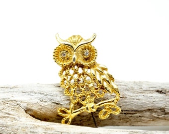 Vintage Owl Pin Gold Toned Hoot Owl Brooch Faux Diamond Eyes Woodland Night Bird on Branch Pin 1960s Costume Jewelry Owl Collector Gift Idea