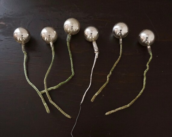 Vintage Glass Balls Silver Foiled Wired Holiday Balls on Pipe Cleaners For Christmas Wreaths 6 Silvered Mini Balls Mercury Glass Ornaments