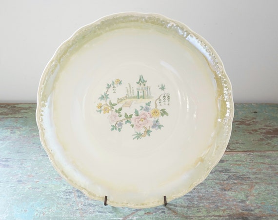 Vintage Luster Bowl Asian Motif Green Rim Scalloped Lustreware Serving Bowl Pagoda Floral Transfer C C Thompson Pottery Lusterware 30s China