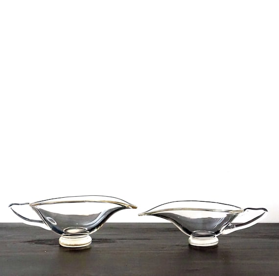 Vintage Gravy Boats Clear Glass Sauce Boats Pair Genie Lamp Leaf Shaped 2 Sizes Smooth Plain Glass Clear Stylized Handles 60s Mod Glassware