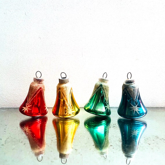 Vintage Bells Silvered Glass Rainbow Colors Austrian Ornaments Set of 4 Sears Imperial Collection Ornaments Made In Austria 1960s Christmas