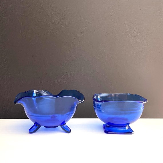 Vintage Bowls Blue Glass L E Smith Glass Co Mt. Pleasant Mayonnaise Dish Footed 3 Sided & Square Fruit Bowl Pedestal Cobalt Depression Glass
