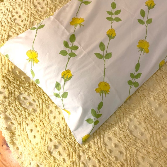 Vintage King Pillowcase Yellow Roses Christian Dior Bedding 80s White Cotton Pillow Case Green Long Stem Rose Repeating Diagonal Print Sham