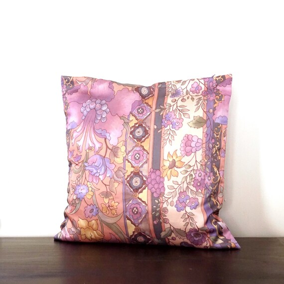 Vintage Pillow Cover Lavender Floral Satin Square Toss Pillow Case Light Purple Sage Green Mauve Silk Look Fabric Zippered Case NO INSERT