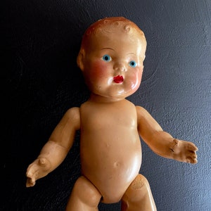 Vintage Baby Doll 16&quot; Composition Doll Articulated Antique Doll Hand Painted Face Blue Eyed Baby Molded Hair Creepy Babydoll Salvaged 1940s