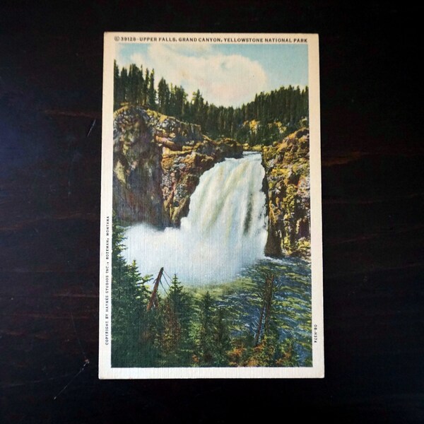 Vintage Postcard Yellowstone National Upper Falls Grand Canyon Wyoming Photo 40s Genuine Curteich-Chicago C.T. Art Colortone Post Card 39128