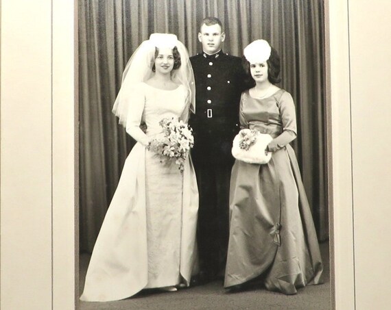 Vintage Wedding Photograph B&W Mid Century Portrait Bride Groom Maid of Honor Wedding Party Studio Photo Large 50s Winter Wedding Park View