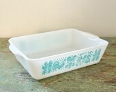 Pyrex Amish Butterprint Aqua on White 1 and a Half Quart Casserole 0503 Rectangular Glass Ovenware Dish Turquoise Design Farmers Rooster 60s