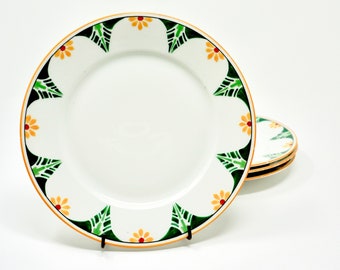 Antique Limoges France Superieur Plates Set of 4 Rare 1910s Arts and Crafts Motif Green Yellow Daisy on White Porcelain Dessert Plates