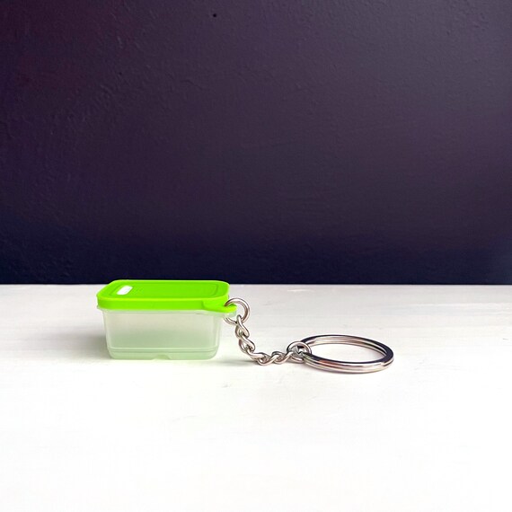 Vintage Tupperware Key Chain Miniature Container with Lime Green Lid Usable Tupperware Tiny On a Key Ring Rectangular Lidded Dish Stash Jar