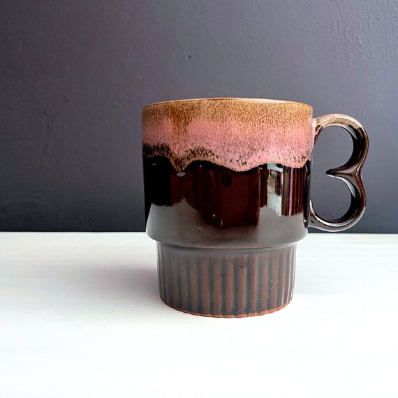 Vintage Drip Mug Brown Pink Coffee Cup B Handle Stackable Drippy Glaze Pottery Mug Double Handle Made In Japan