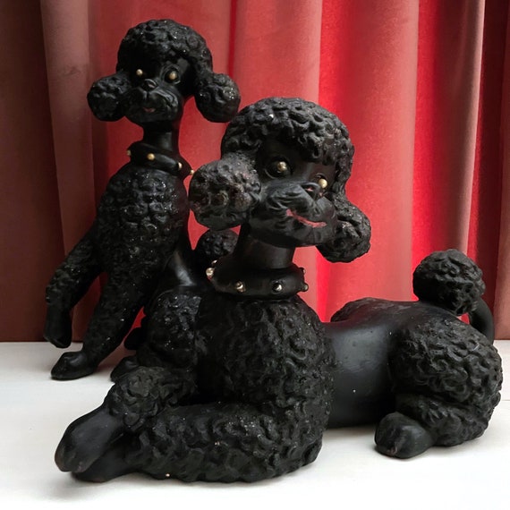 Vintage Black Poodles Pair Large Ceramic Figurines Glitter Poodle Sitting Standing Atlantic Mold Hand Painted Fancy Dogs Kitsch Collectibles