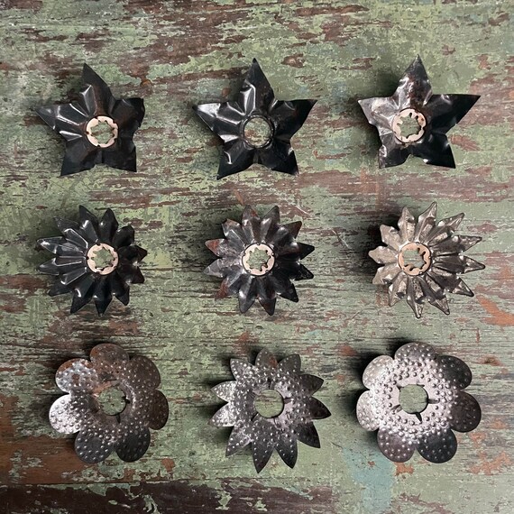 Antique Reflectors Christmas Light Set of 9 Vintage Punched Tin Stamped Metal Flower Shaped Retro Xmas Light Reflectors Silver Tone 4 Styles
