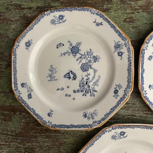 Antique Transferware 9 Inch Dish Octagonal Plates Set of 6 Blue White Floral Quail Old Bow Kakiyemon Pattern Woods Ware Wood & Son England