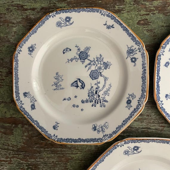 Antique Transferware 9 Inch Dish Octagonal Plates Set of 6 Blue White Floral Quail Old Bow Kakiyemon Pattern Woods Ware Wood & Son England