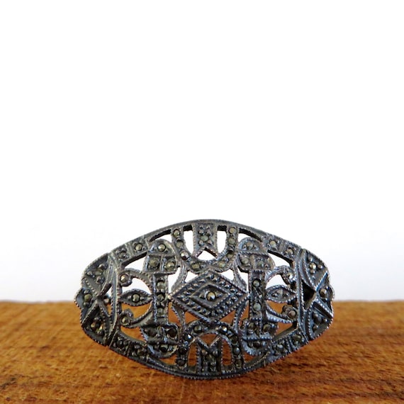 Art Deco Style Brooch Vintage Marcasite Pin 80s Sterling Silver