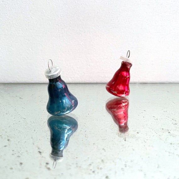 Vintage Miniature Bells Ornaments Blown Glass Silvered Bell in Blue and Red Tree Trim Tiny Ornaments Plastic Caps Mini Christmas Tree Decor