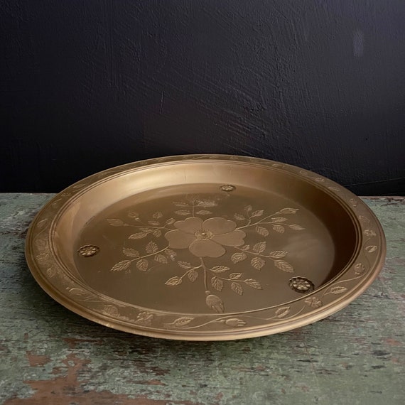 Vintage Tray Gold Plastic Round Platter Dogwood Floral Embossed Matte Finish with Ball Feet For Display Serving or Catchall