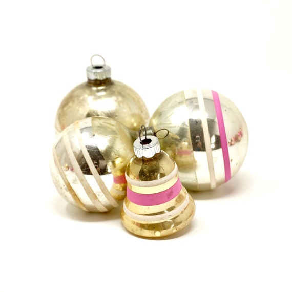 Vintage Shiny Brite Ornaments 1950s Christmas Balls Striped Mercury Glass Silvered Gold Silver Balls Bell Pink White Striped Xmas Tree Trim