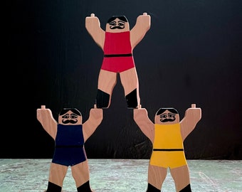 Wood Stacking Men Set of Three Acrobat Blocks Vintage Circus Men with Moustaches Red Yellow Blue Hand Painted Cut Wood Pyramid Men w/ Flaws