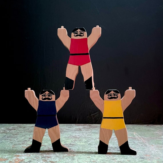 Wood Stacking Men Set of Three Acrobat Blocks Vintage Circus Men with Moustaches Red Yellow Blue Hand Painted Cut Wood Pyramid Men w/ Flaws