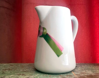 Vintage Pitcher Porcelain Pink and Green Ribbon Motif French Porcelaine Jacques Coeur France Garden Pattern 6" Tall Pitcher or Large Creamer