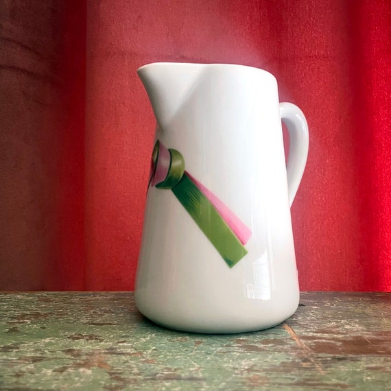 Vintage Pitcher Porcelain Pink and Green Ribbon Motif French Porcelaine Jacques Coeur France Garden Pattern 6" Tall Pitcher or Large Creamer