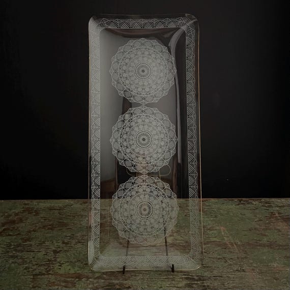 Vintage Tray Glass Etched White Snowflake Design on Clear Glass Lace Look Plate Rectangular 13" Long with Gold Trim Crystal Clear Industries