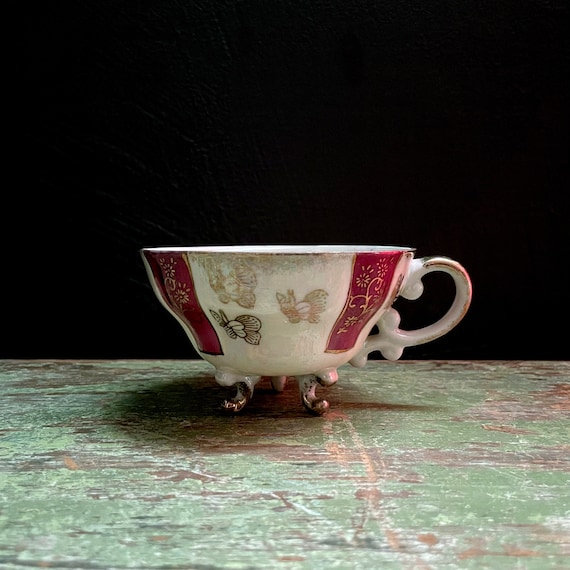 Vintage Butterfly Teacup Luster Finish White Interior Purple Striped Tea Cup Butterflies Gold Gilded Handle Pedestal Tea Cup Victorian Look