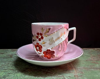 Antique Grandpa Tea Cup and Saucer Germany 1910s Porcelain Demitasse Gilded Gold Pink w/ Red Painted Flowers and "Grandpa" in Gold Small Mug