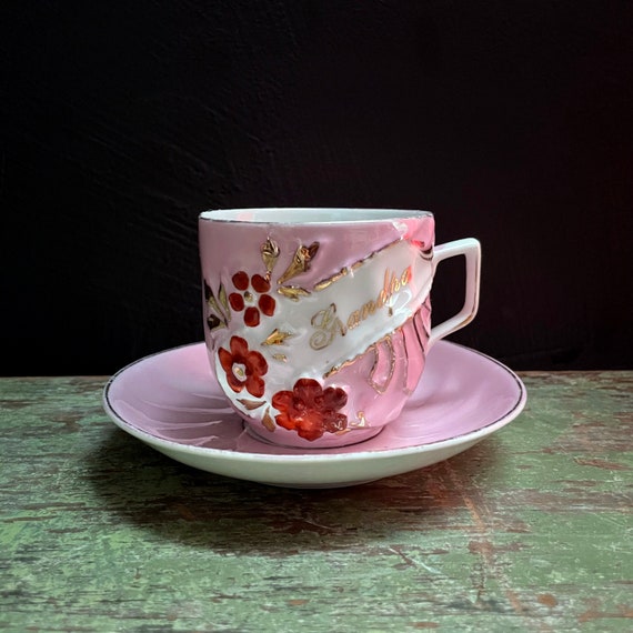 Antique Grandpa Tea Cup and Saucer Germany 1910s Porcelain Demitasse Gilded Gold Pink w/ Red Painted Flowers and "Grandpa" in Gold Small Mug