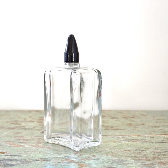 Vintage Perfume Bottle Art Deco Black Cap Square Angular Small Bottle Screw On Cap Deco Style 1930s Glass Plastic Pointed Cap