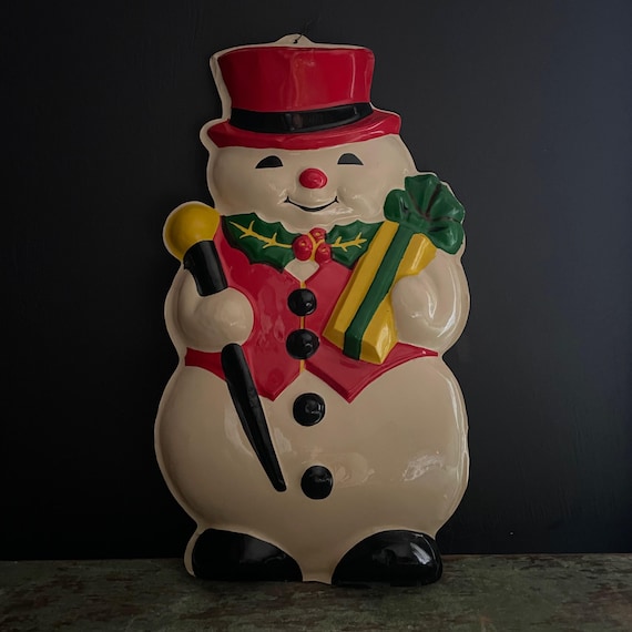 Vintage Snowman Decoration A Molded Plastic Snowman Christmas Decoration Wall Hanging 18” 3D Form Snow Man in a Red with a Cane and Holly