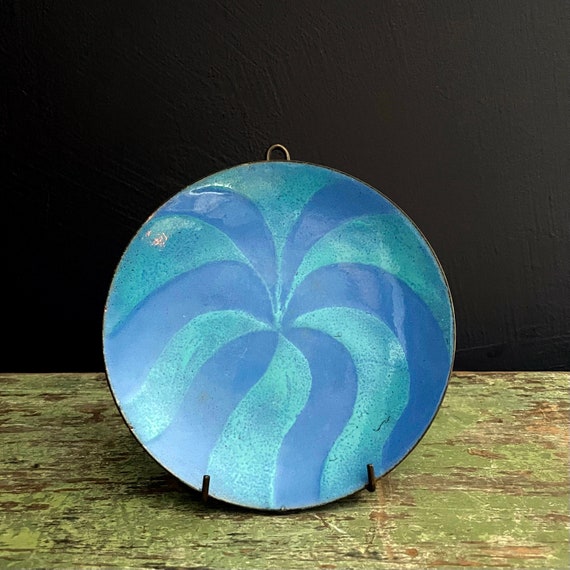 Vintage Dish Enameled Metal Blue Small Plate Geometric Enamel Finish Two Tone Blue Abstract Flower Plate Handmade Catchall Dish Decorative