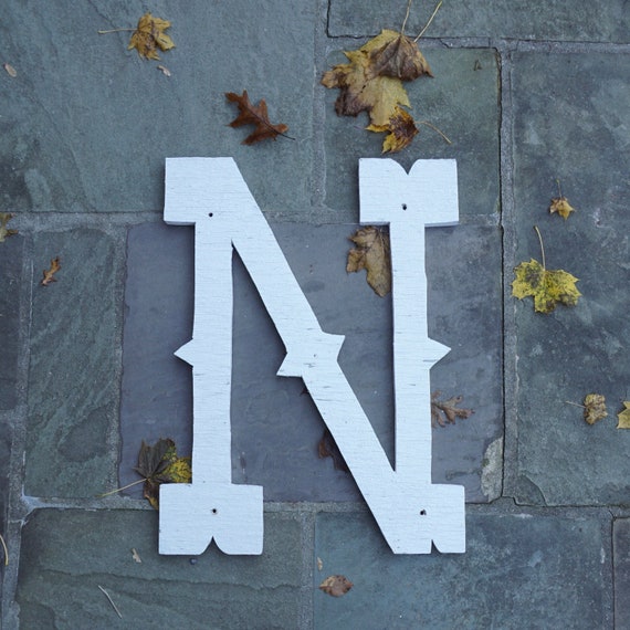 Vintage Letter N Sign Large Wood Cut Out Initial N Chippy White Painted Western Style Font 1970s Old West Signage Handmade Rustic Farmhouse