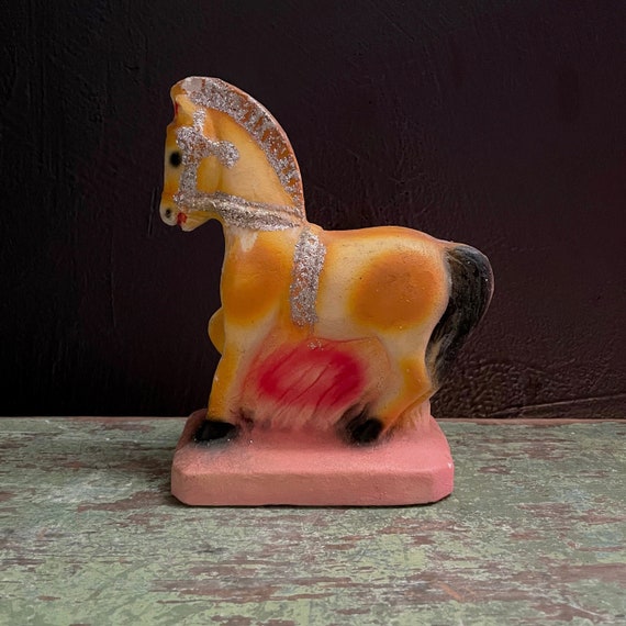 Vintage Chalkware Pony Pink Orange with Silver Glitter Reigns '40s Carnival Prize Chalk Ware Horse Plaster Equestrian Souvenir Carousel Pony