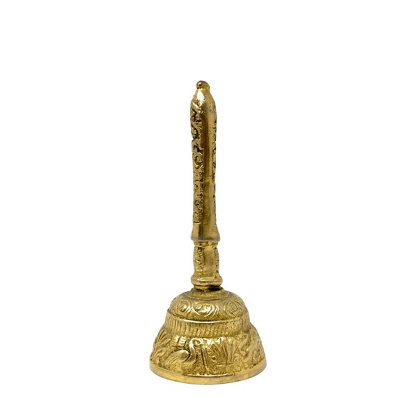 Vintage Sanctuary Bell with Handle Gold Tone Hand Bell Cast Brass Biblical Scenes Leo Lion Eagle Lamb of God Pelican Church Altar Bell 60s