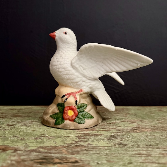 Vintage Dove Figurine Bisque Porcelain White Bird on Rock with Orange Flower Peace Bird