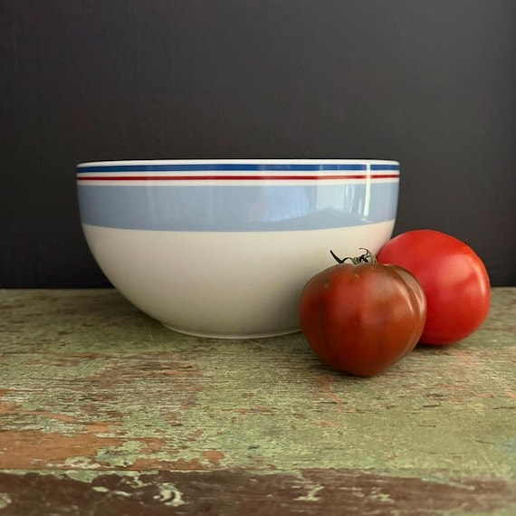 Vintage Bowl White Ceramic Blue Red Stripe Mixing / Serving Bowl Studio Nova Sail Away