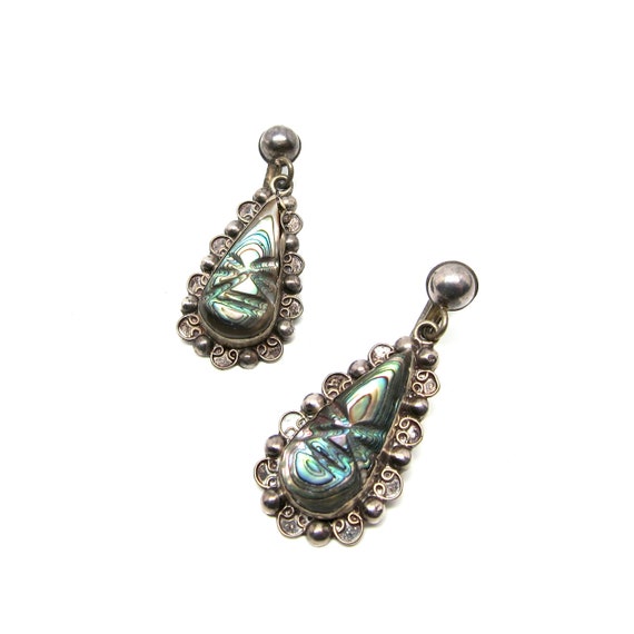 Vintage Earrings Abalone Carved Face Earrings Silver