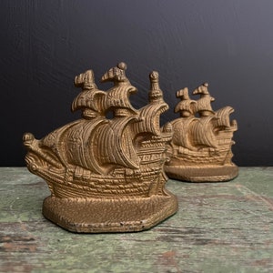Vintage Ship Bookends Brass Toned Cast Metal Pair of Tall Ships Nautical Decor